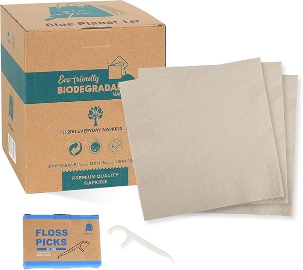 200 PCS STRONG 2 PLY DISPOSABLE NAPKINS WITH 25 PCS FLOSS PICKS – BIODEGRADABLE NAPKINS 6.5 X 6.5 INCHES FOLDED – THIN & EASY TO USE MINT FLAVORED DENTAL FLOSSERS