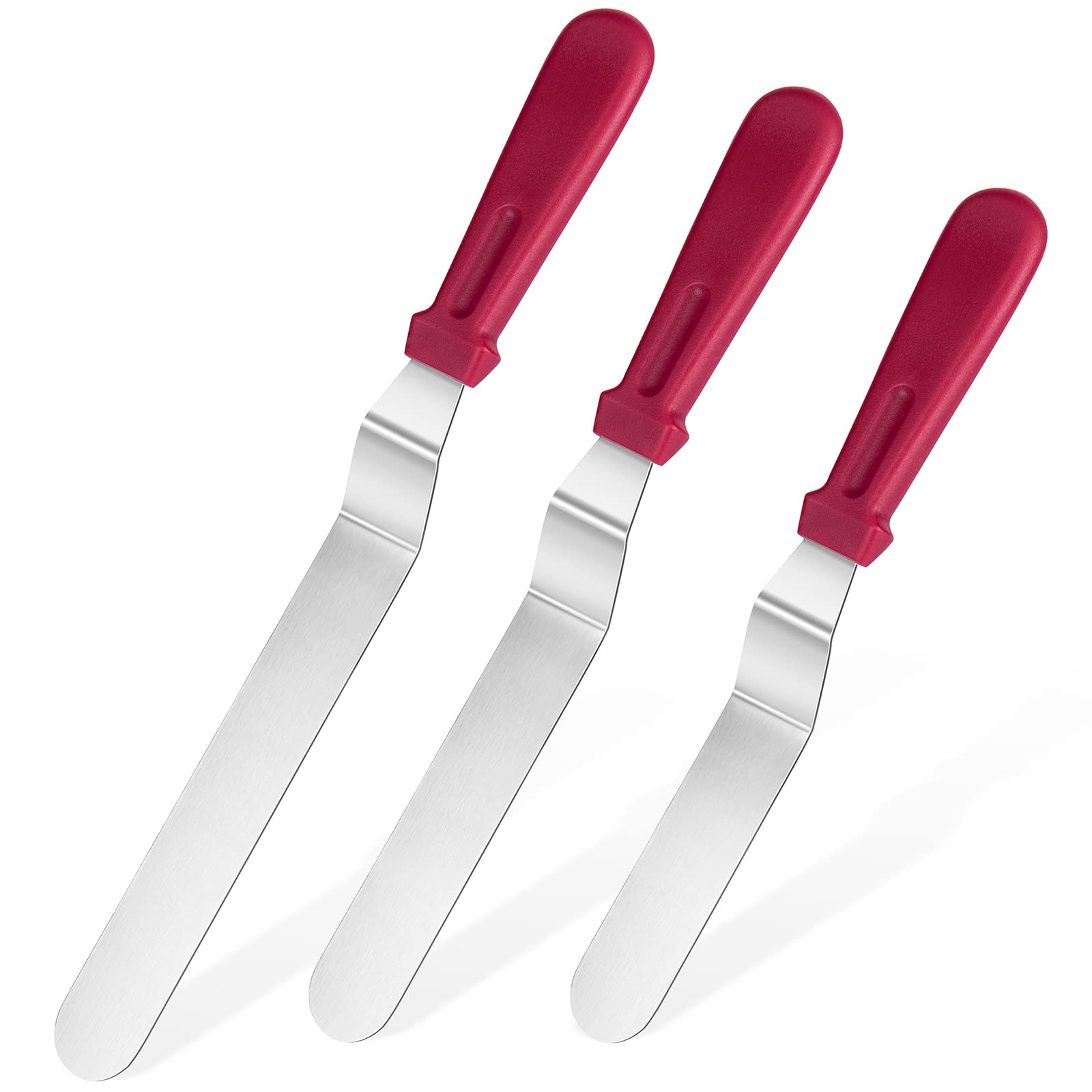 U-Taste Icing Spatula Set of 3: 18/0 Stainless Steel Cake Palette Knife, Angled Offset Spatula for Baking Cake Decorating Frosting, 15/20/25cm Metal Blade with 12cm PP Plastic Handle (Red)