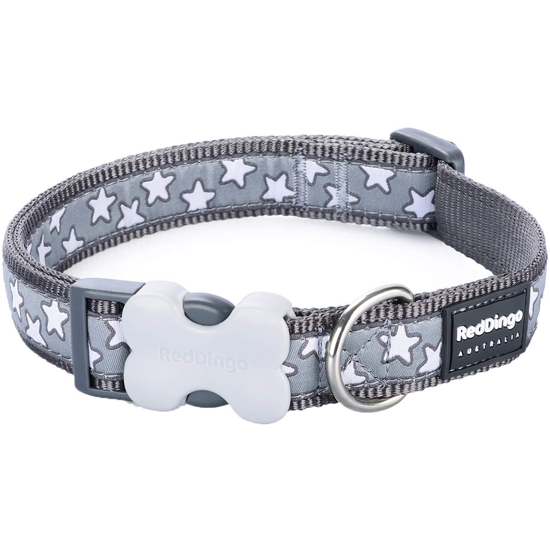 Red Dingo Bucklebone Dog Collar Design, Stars Cool Grey, Medium 20mm