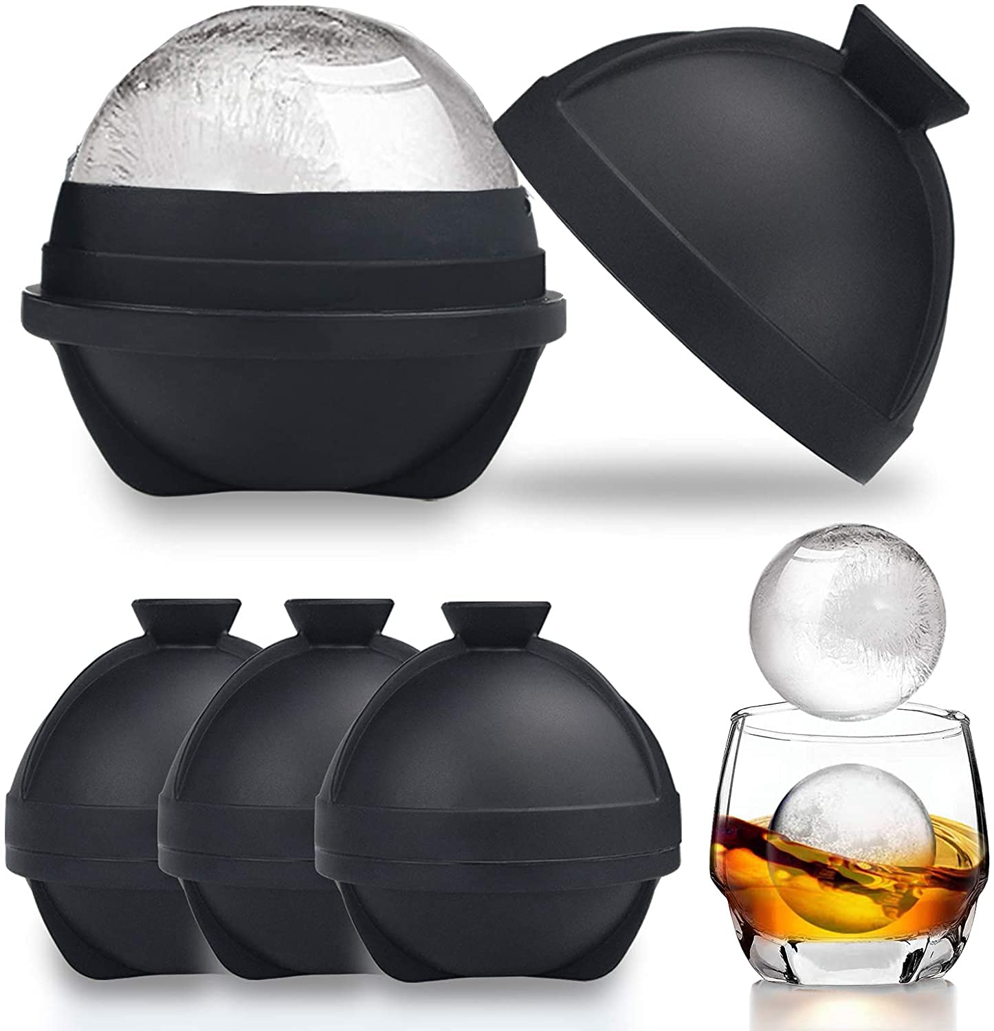 Round Ice Cube Moulds Sphere Ice Ball Maker Tray - Reusable Silicone Ice Ball Moulds with Built-in Funnel-Makes 2.5 Inch Large Ice Balls for Whiskey & Cocktails Food Grade