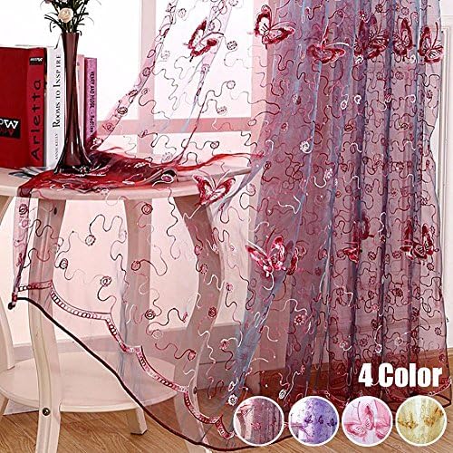 WINYY Romantic Modern Embroidered Sequins Butterfly Rustic Sheer Voile Curtains Rod Pocket Top for Living Room Bedroom Kitchen Window Treatments Burgundy ,1 Panel W40 x H96 inch