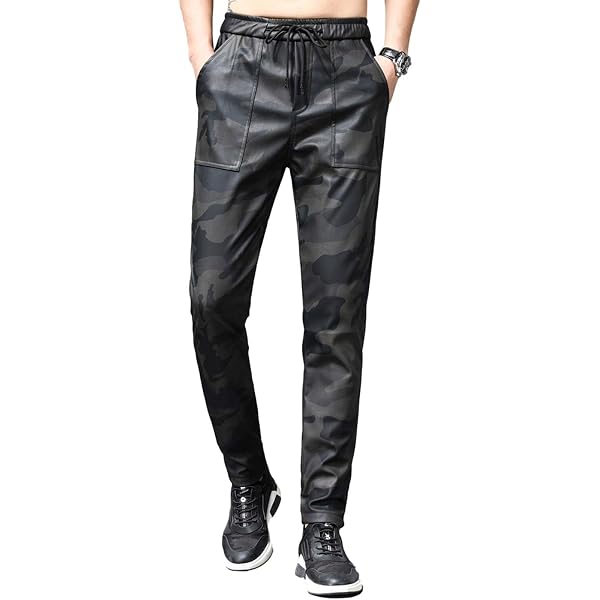 Idopy Men`s Elastic Waist Drawstring Business PU Faux Leather Pants Trousers Black/28-30