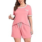 Lastshe Plus Size Pajamas Set for Women 2 Piece Soft Short Sleeve Shorts with Pockets Pjs Lounge Set Loungewear