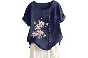 ROKIACDE Linen Shirt Women,Short Sleeve 2024 Summer Blouses Round Neck Boho Blouse Button Down T Shirt Floral Print Top
