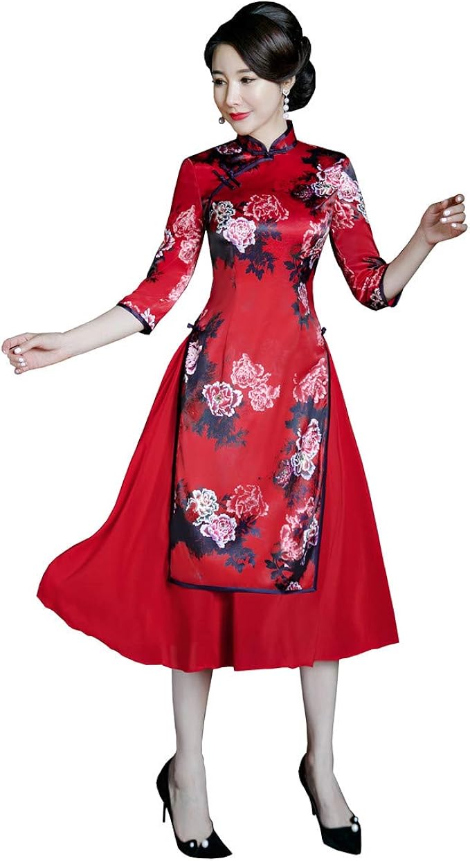 Amazon 上海物語 Shanghai Story 花柄 民族衣装 アオザイ風ワンピース 赤 ベトナム服装 パーティードレス お呼ばれドレス レッド チーパオ チャイナドレス パーティードレス 通販