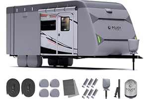 POJOY Waterproof Windproof RV Travel Trailer Cover, Anti-Rip Anti-UV 600D Oxford Fabric Camper Cover - with Tongue Jack Cover, Tire Covers, Gutter Covers, for 22'1"-24'