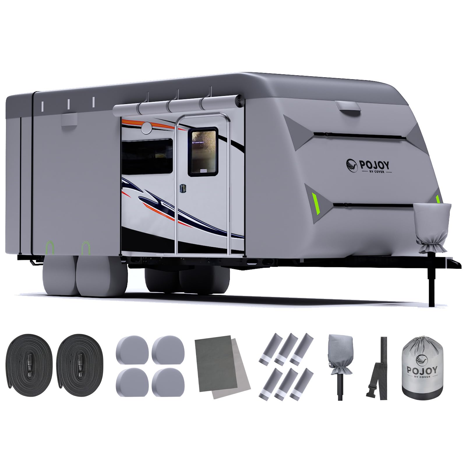 Photo 1 of POJOY Waterproof Windproof RV Travel Trailer Cover, Anti-Rip Anti-UV 600D Oxford Fabric Camper Cover - with Tongue Jack Cover, Tire Covers, Gutter Covers, for 22'1"-24'