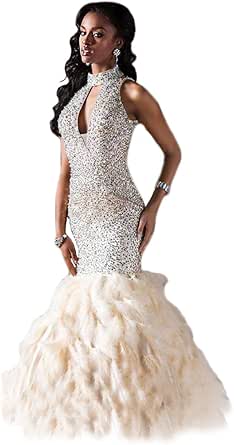 prom dress with feathers on bottom