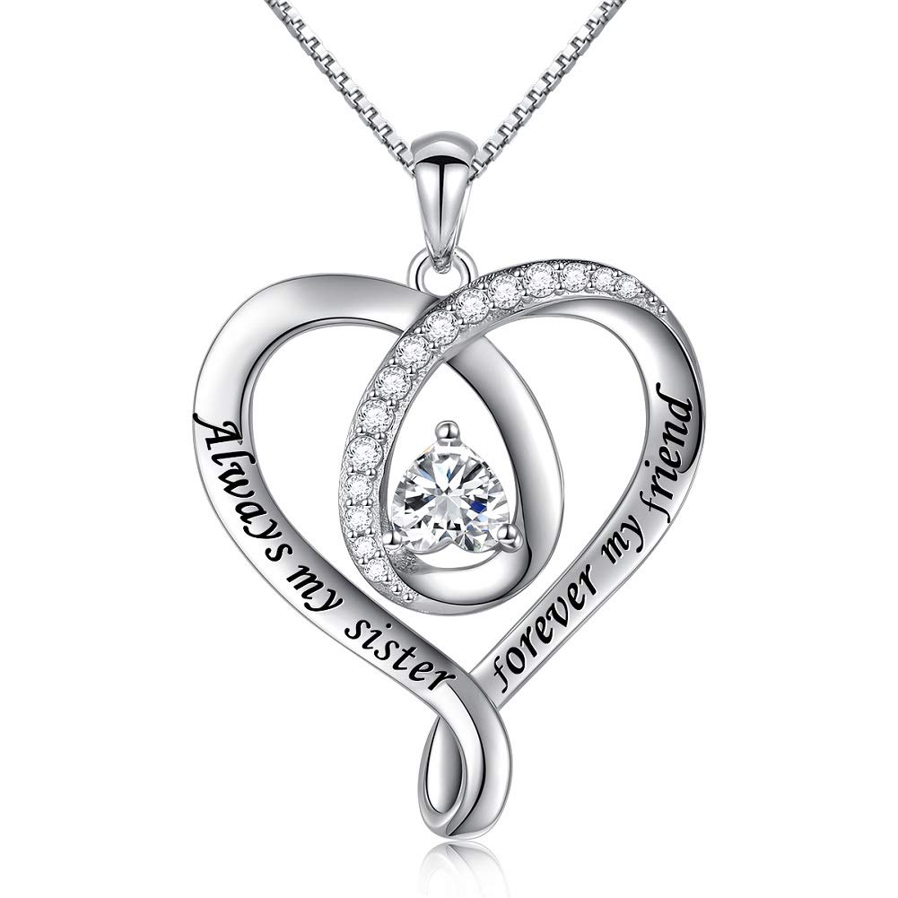Flyow 925 Sterling Silver Heart Necklace for Women Engraved Always My Sister Forever My Friend, Forever Love Necklaces with Sparkling Cubic Zirconia, 18 Inches Box Chain (heart sister) — image 1