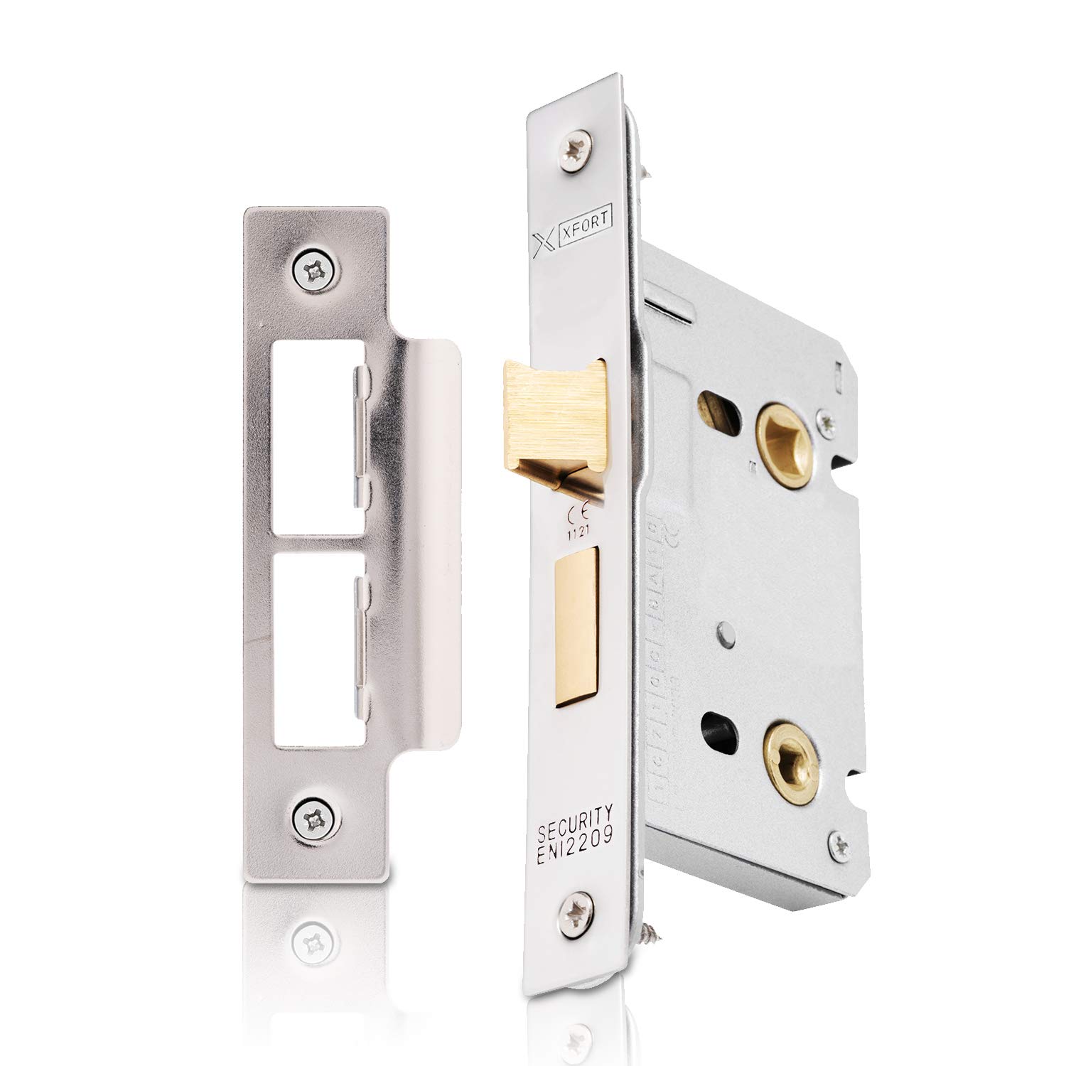 XFORT® Polished Chrome Bathroom Lock 65mm for Internal Wooden Doors, Mortice Door Lock for Bathroom, Door Latch Mechanism and Thumbturn Locking Door Security, CE Approved and Fire Rated Protection.