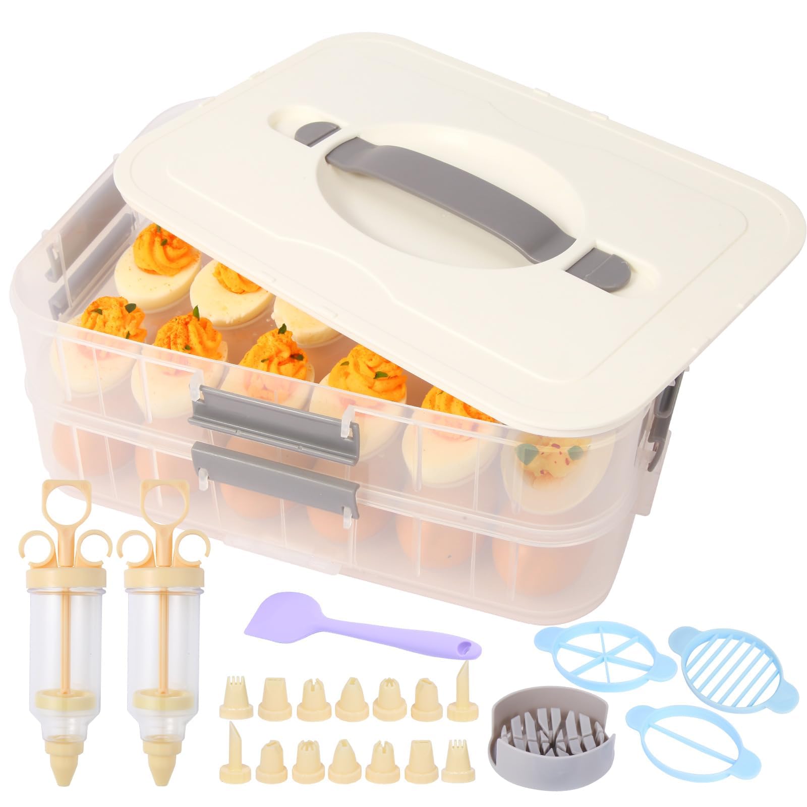 Photo 1 of 2-Layer Deviled Egg Containers With Lid,36pcs Deviled Egg Tray Carrier with Handl Injector Piping Tool,Portable Stackable Egg Holder Platter Holder Organizer for Refrigerator Party Picnic Travel Event
