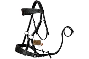 AMAZING HORSE STUFF Sidepull Bitless Bridle with Designer Hand Carving On Brow & Noseband Oval Shaped Full Black