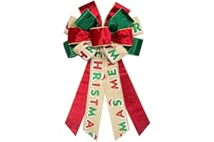 Hying Large Christmas Bow for Wreath, Green Red Velvet Bows for Front Door Wall Fence Decor, Merry Christmas Words Wreath Bow Tree Topper Bow for Winter Christmas Party Decoration Supplies