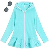 LUCKYGAL Girls Swim Cover Up Kids Long Sleeve Swimsuit Coverup Terry Beach Pool Clothes with Sunglasses