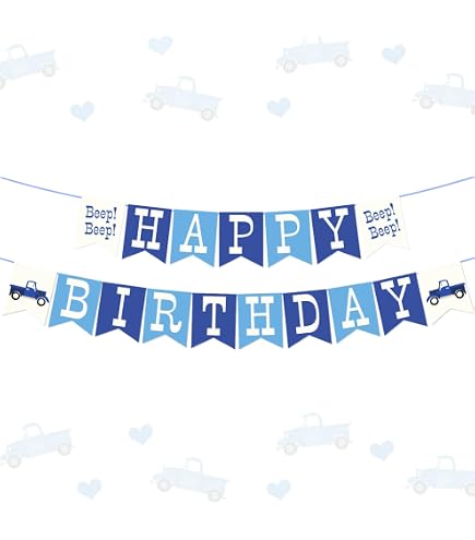 Blue Truck Geburtstags-Banner – Vorgefädelt, Mit Kleinen LKW-Motiven, Für Kindergeburtstagsdeko