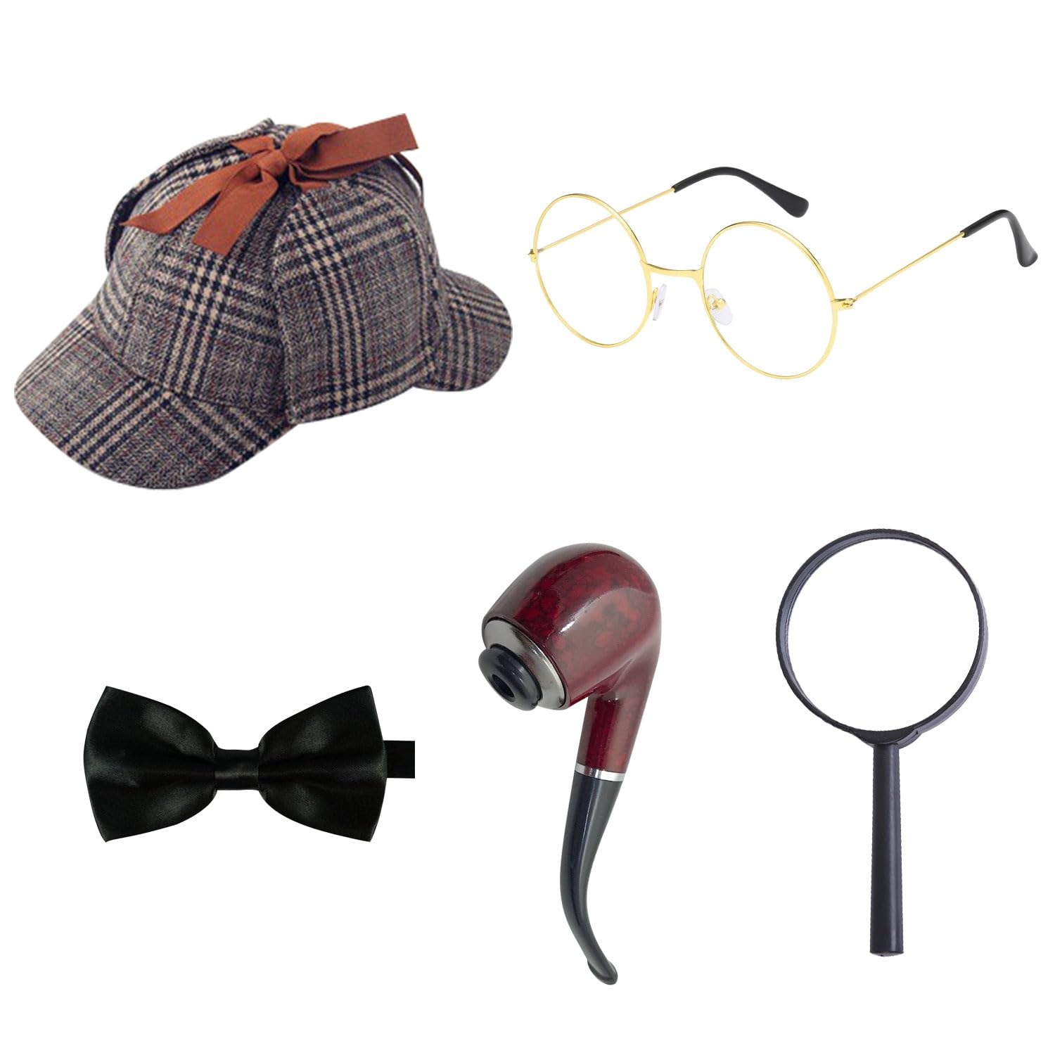 RmKbe 5 Pieces Detective Costume Set Detective Hat Hat Glasses Bow Tie Magnifying Pipe Sherlock Holmes Detective Kit for Boys Girls