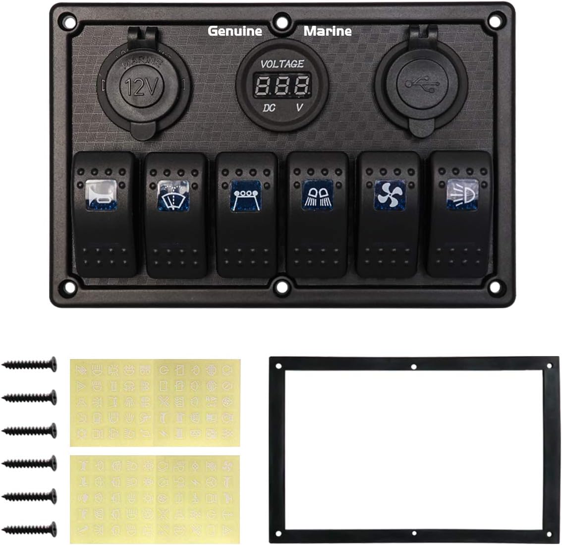 6/8 Gang 12V Rocker Switch Panel for RV Marine Car Vehicles Truck Boat Waterproof, Digital Voltmeter Display Dual USB Charger Port DC 12V Socket 12/24V Red/Blue/Orange Lighted Switches with 15A Fuse : Sports & Outdoors