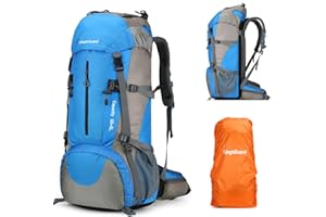 King'sGuard 70L Hiking Backpack Waterproof Camping Backpack with Rain Cover Large Lightweight Backpacking Backpack Daypack for Travel Outdoor -Frameless (Light Blue)