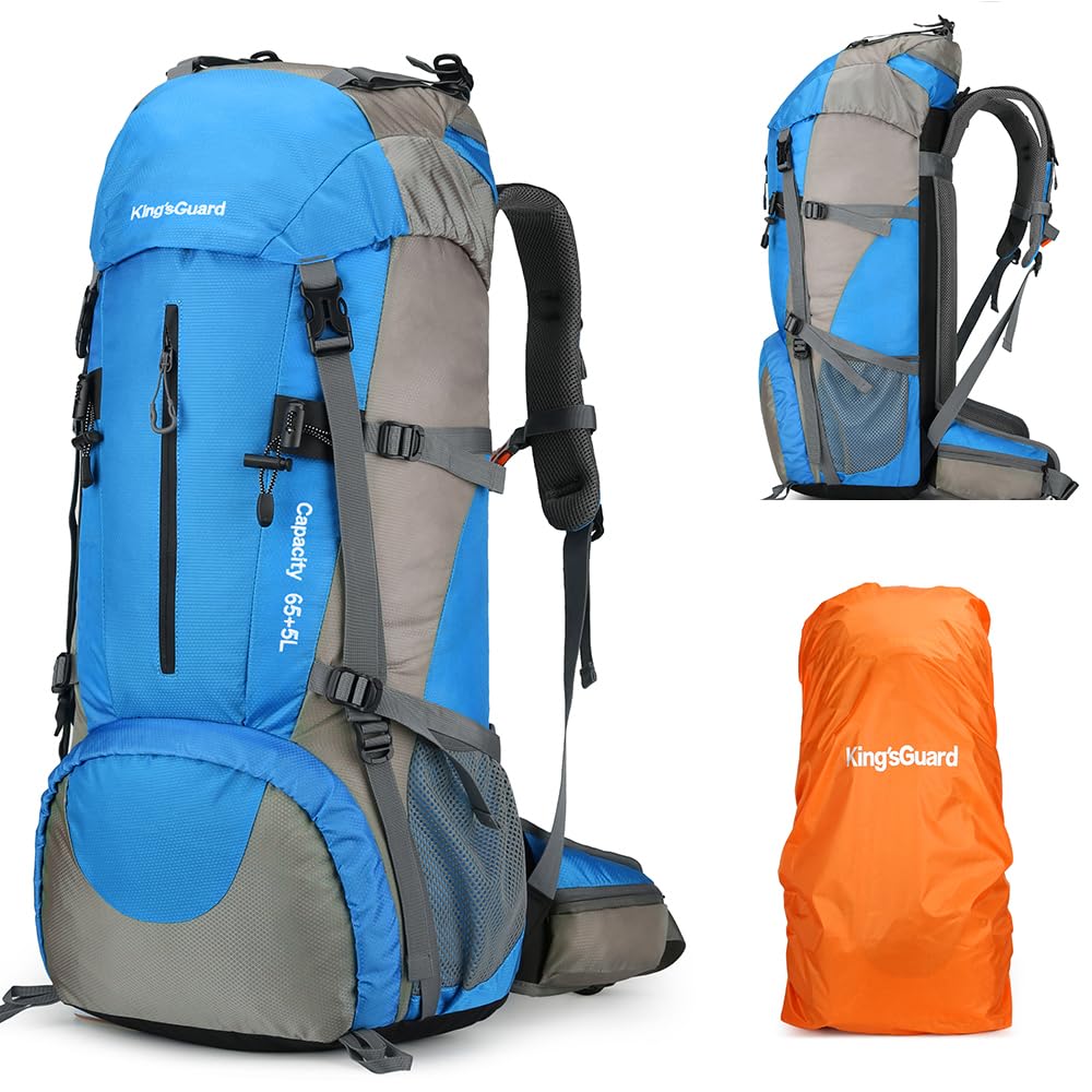 Photo 1 of King'sGuard 70L Hiking Backpack Waterproof Camping Backpack with Rain Cover Large Lightweight Backpacking Backpack Daypack for Travel Outdoor -Frameless (Light Blue)