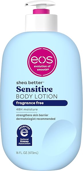 EOS SHEA BETTER SENSITIVE SKIN BODY LOTION, 48-HOUR MOISTURE SKIN CARE, FOR DRY SKIN, FRAGRANCE FREE BODY LOTION, ECZEMA LOTION, VEGAN, 16 FL OZ (PACKAGING MAY VARY)