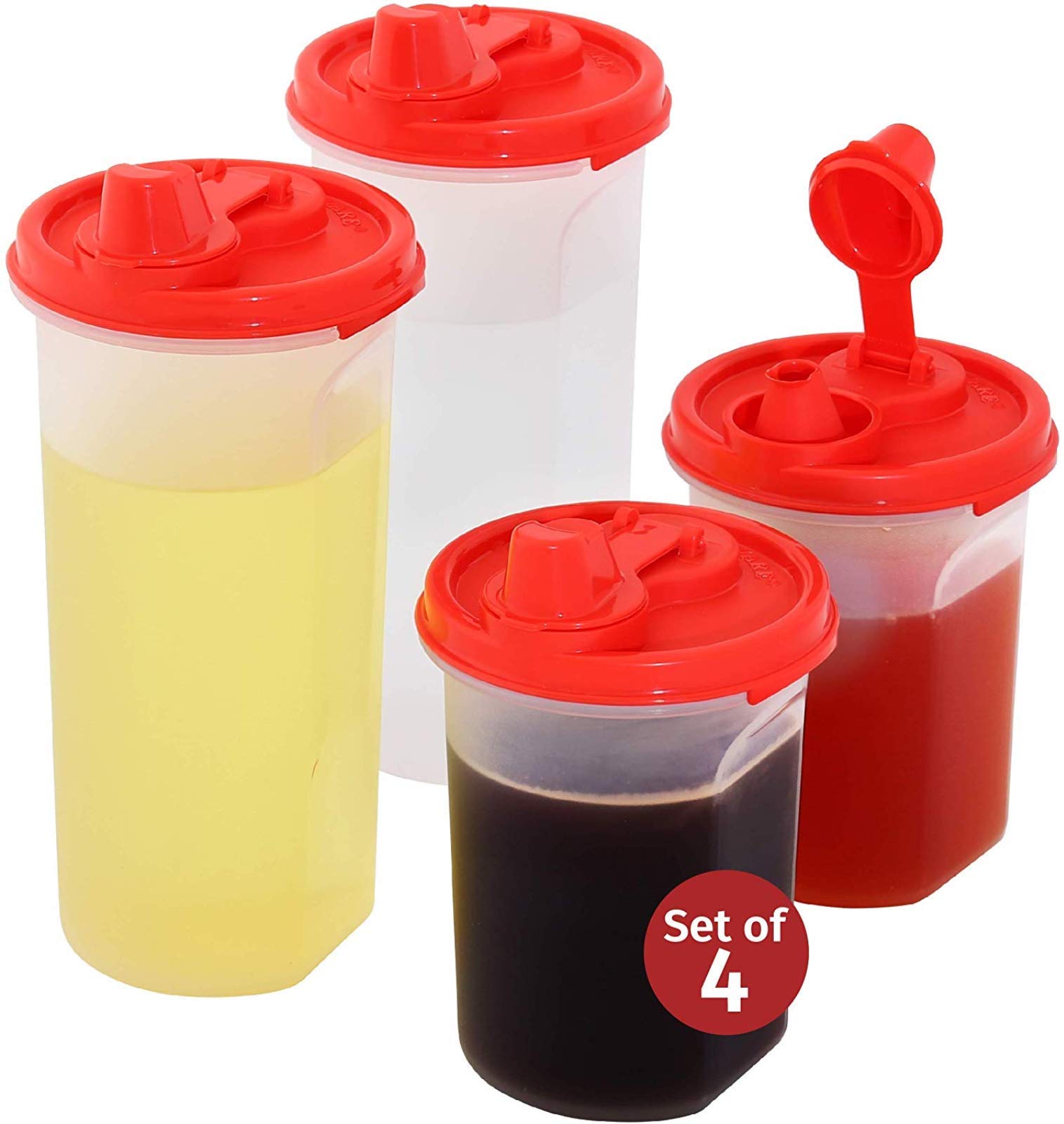 SIGNORA WARE Easy Pour Oil and Vinegar Bottle Set 4 Pack Olive Oil Dispenser Bottles Liquid, Dressings Plastic Containers Airtight Leakproof Lids Non Drip Spout Wide mouth Easy Fill set 2-15/2-21 oz