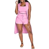 Aladeno Women 3 Piece Outfits Ribbed Sleeveless Kimono Cardigan Cover Up Tank Crop Tops Bodycon Shorts Tracksuit Lounge Sets