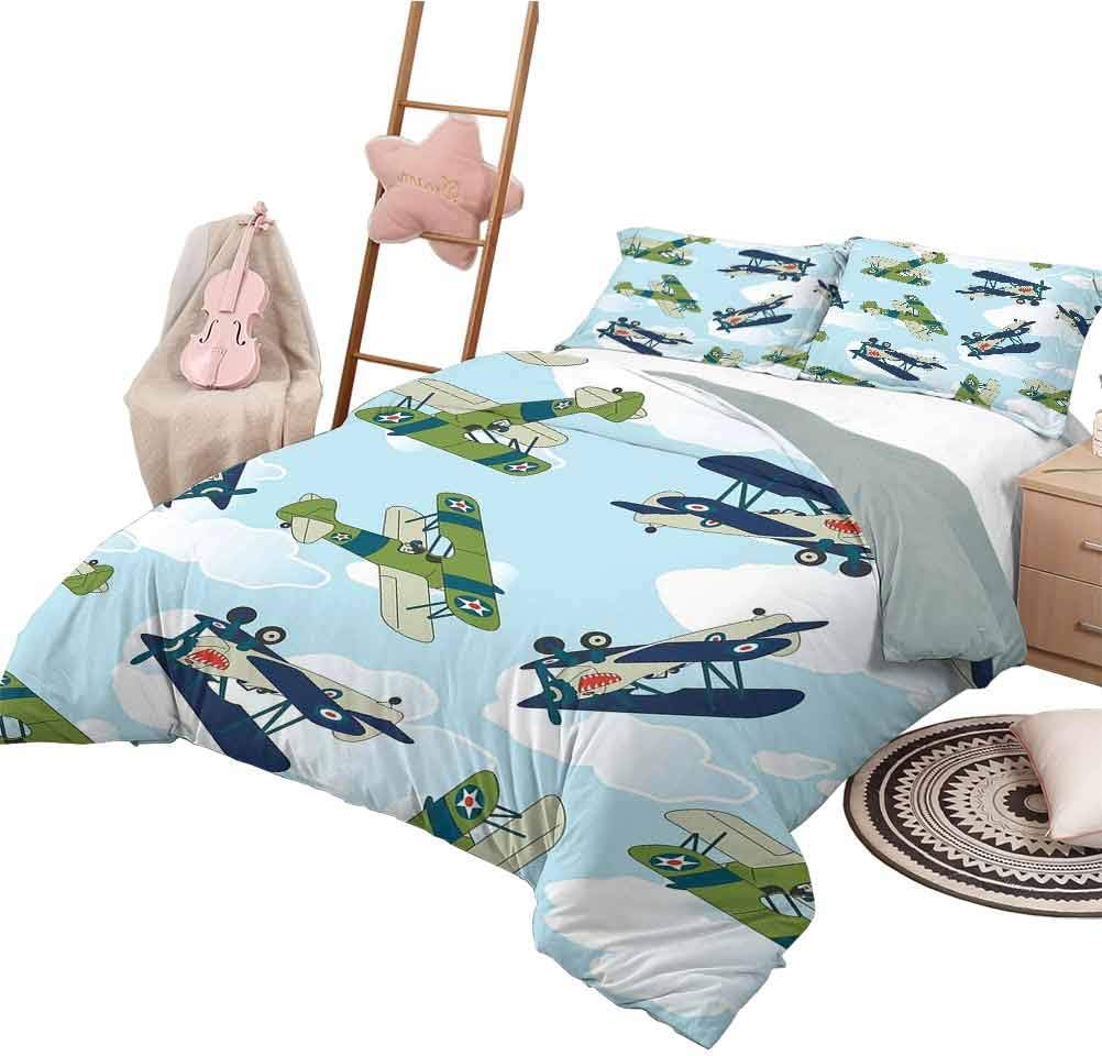 Bedding Duvet Cover Set Airplane Decor,Vintage Allied Plane Flying Pattern Cartoon Children Kids Repeating Toys Shark Teeth Decorative 3 Piece Bedding Set 90 x 104 inch