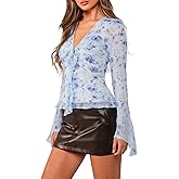 DERAX Women's Y2K Floral Tie Front Shirt Bell Long Sleeve Top Flowy Ruffle Mesh Cute 2026 Spring Tops