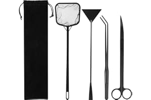 PONDON 4-in-1 Aquarium Aquascaping Kit, Includes Curved Scissors, Curved Tweezers, Sand Spatula & Fish Net, Aquatic Plant Aquascape Tools Cleaning Kit for Small Aquariums Fish Tanks