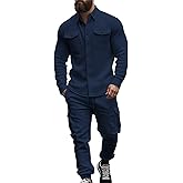Men's Fleece Cargo Jacket Tracksuit Set 2 Pieces Solid Color Long Sleeve Button up Jacket and Cargo Pants Set