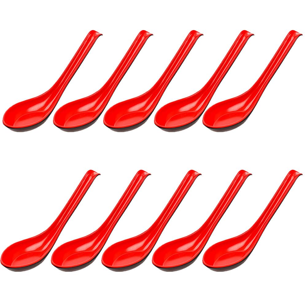Rice Spoons Ladle for Ramen Noodle Soup - Asian Style Soup Serving Spoons (10, Red/Black)