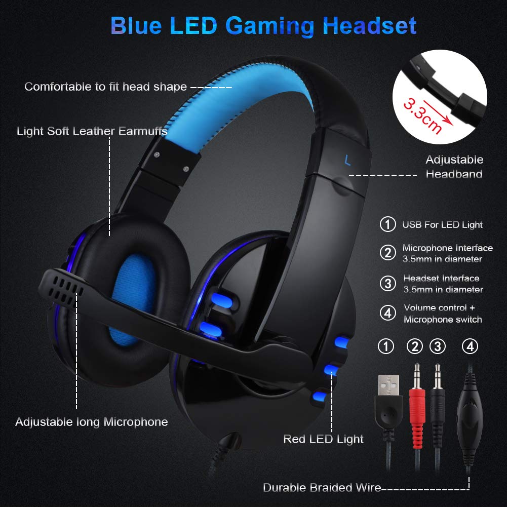 BlueFinger Backlit Gaming Keyboard, Mouse and LED Headset Combo - USB Wired 3 Color Crack Backlit, Blue LED Light Headset - Set for Work and Game