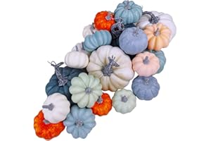 WINLYN 24 Pcs Bulk Assorted Rustic Harvest Artificial Pumpkins Foam Pumpkin in White Orange Green Teal for Fall Autumn Halloween Decoration Thanksgiving Party Home Kitchen Decor Baby Shower Wedding