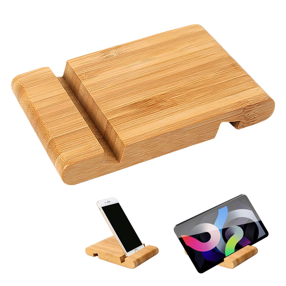 Jagowa Bamboo Tablet & Phone Stand, Double Slot, Wooden, Portable, Desk Stand