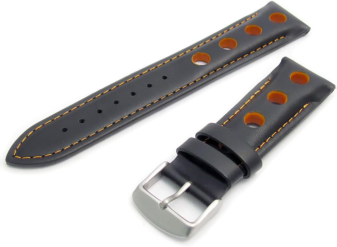 Sporty Grand Prix Style Padded Leather Watch Strap Coloured Holes/Vents & Stitching 24mm