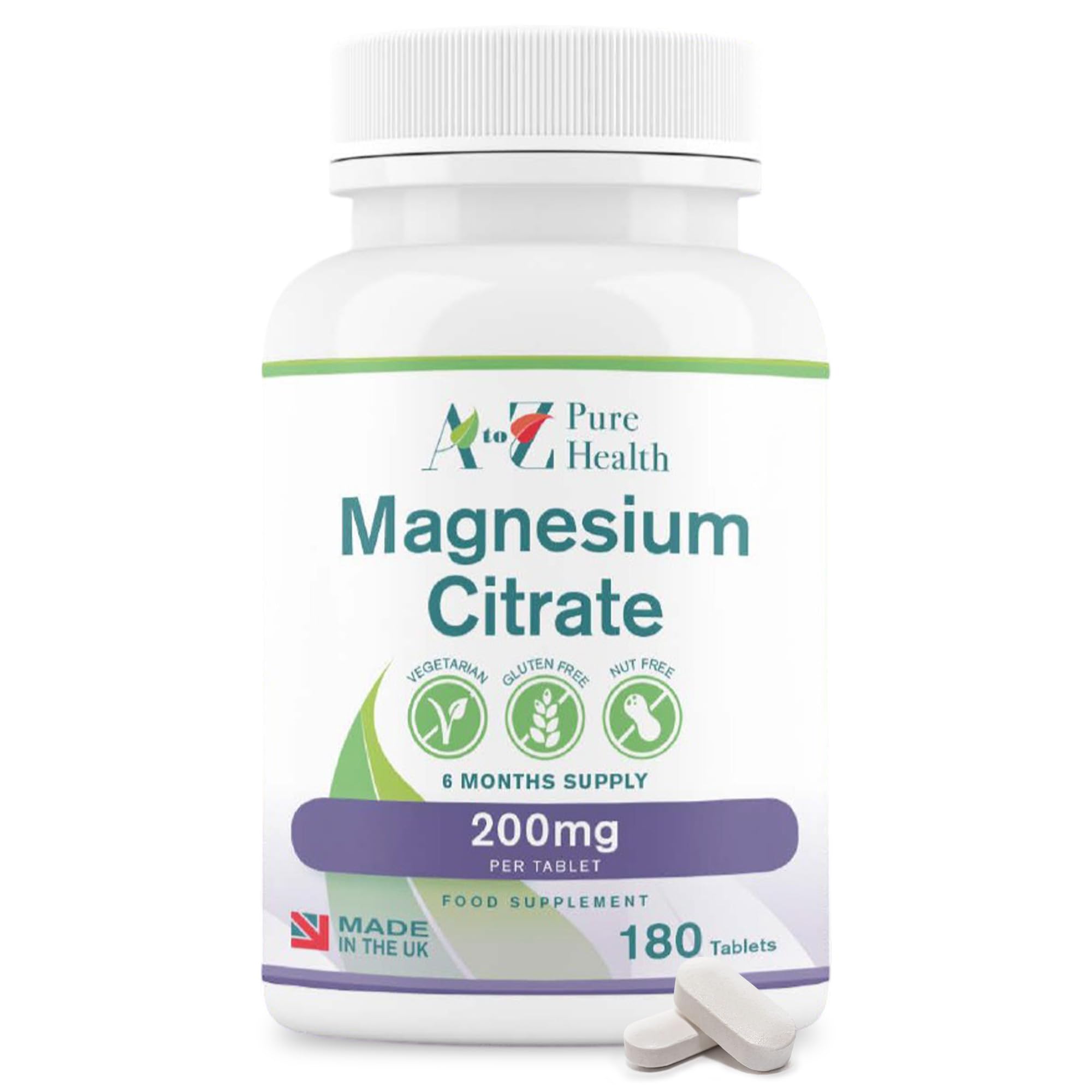 Premium Magnesium Citrate Tablets | 200mg Magnesium Supplement with Citric Acid | 180 Easy Tablets (6 Month’s Supply)| Assists with Energy Levels, Sleep, Anxiety & Migraines |UK Made