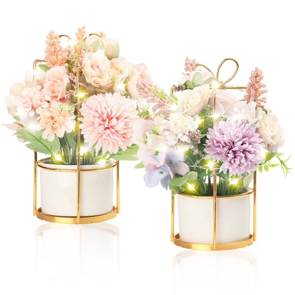 BEGONDIS Set of 2 LED Artificial Flowers Potted Fake Pink and Purple Flowers Hanging Potted Plants For Home Living Room Office Party Decor Decoration (Mix)