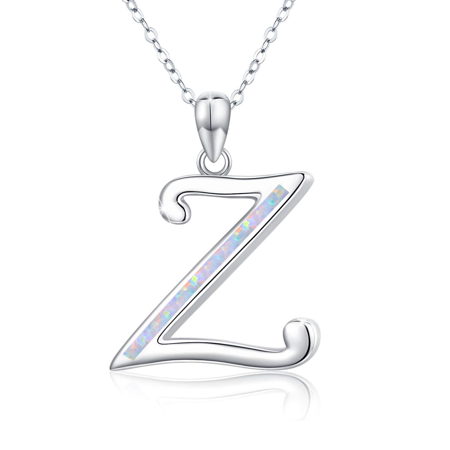 Cuoka Initial Necklace, 925 Sterling Silver Monogram Letter Pendant with Created Opal, A-Z Alphabet Necklace Jewelry Gifts