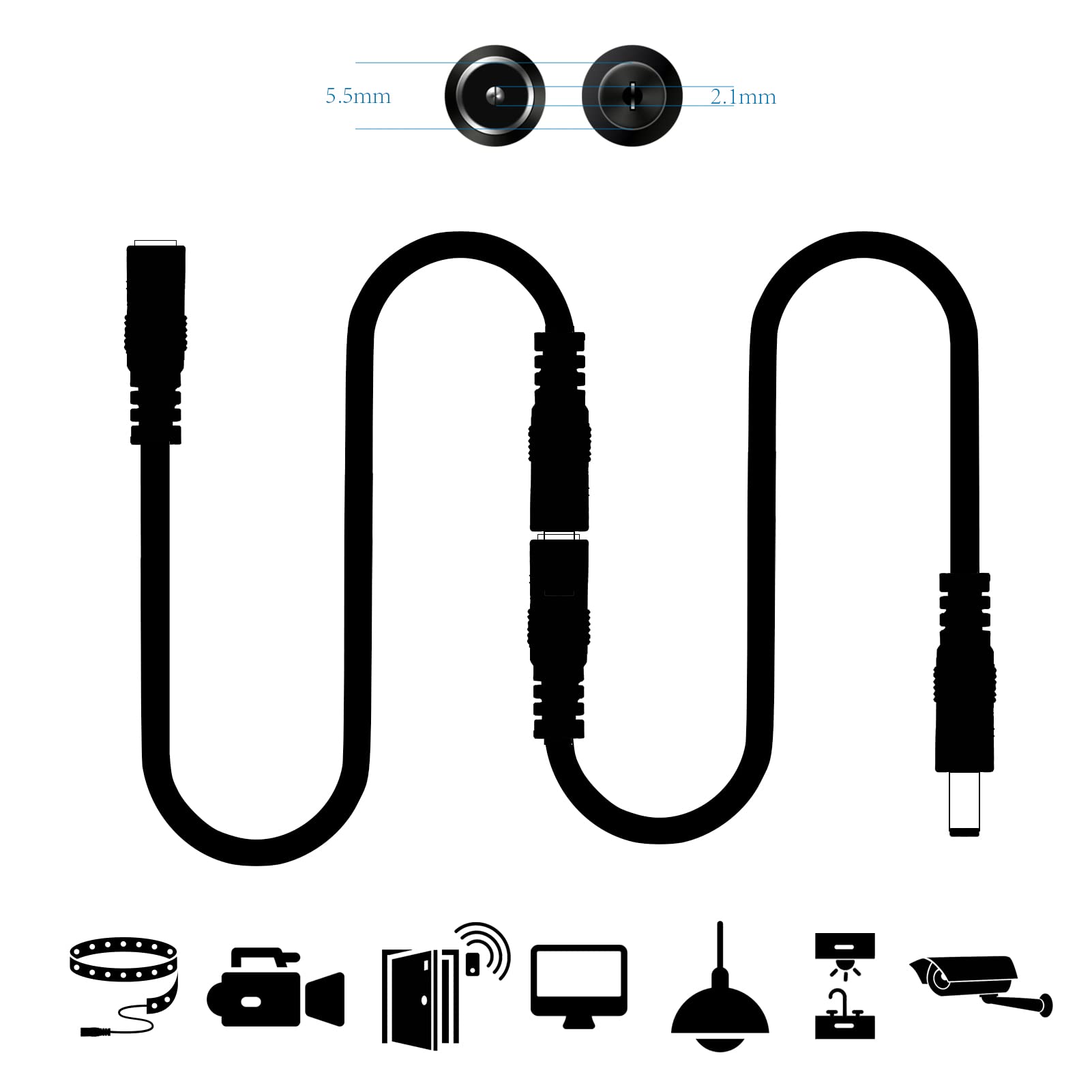 20AWG 10Ft 2.1mm x 5.5mm Male to Female DC Extension Wire Power Jack Adapter Barrel Plug Cable, Extension Wire for CCTV Security Camera, DVR, HDVD, LED Strip Light, Low Voltage Application