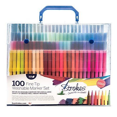 Strokes Art 100 Fine Tip Kids Coloring Markers - Washable - Smudge Free - Vibrant colors - Carry Case