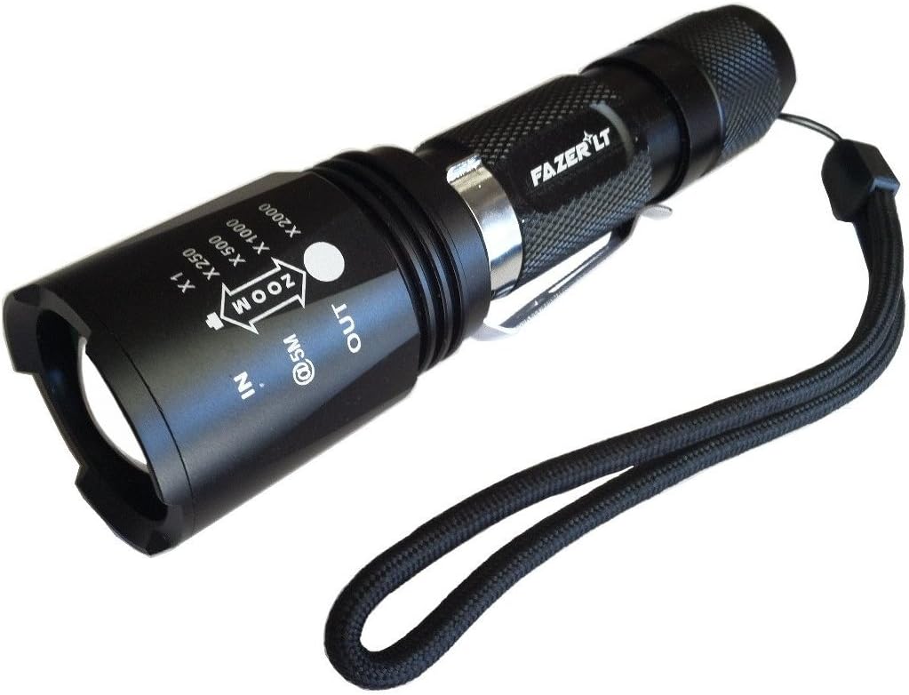 Fazer-LT 1000 Lumen XM-L T6 Rechargeable LED Flashlight with Zoom Focus and 5 Beam Modes, Black