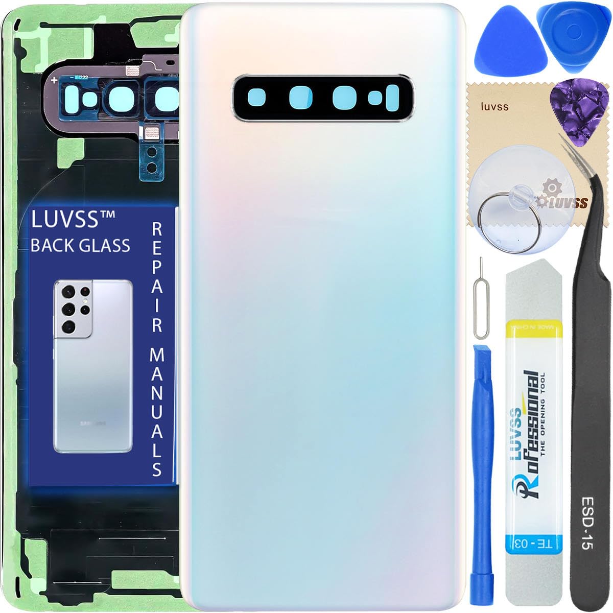 LUVSS Rear Glass Assembly Compatible with Samsung Galaxy S10 SM-G973F Back Cover Glass Panel Case Housing Replacement + Camera Lens + Repair Manual DIY Tools Kit (Prism White)