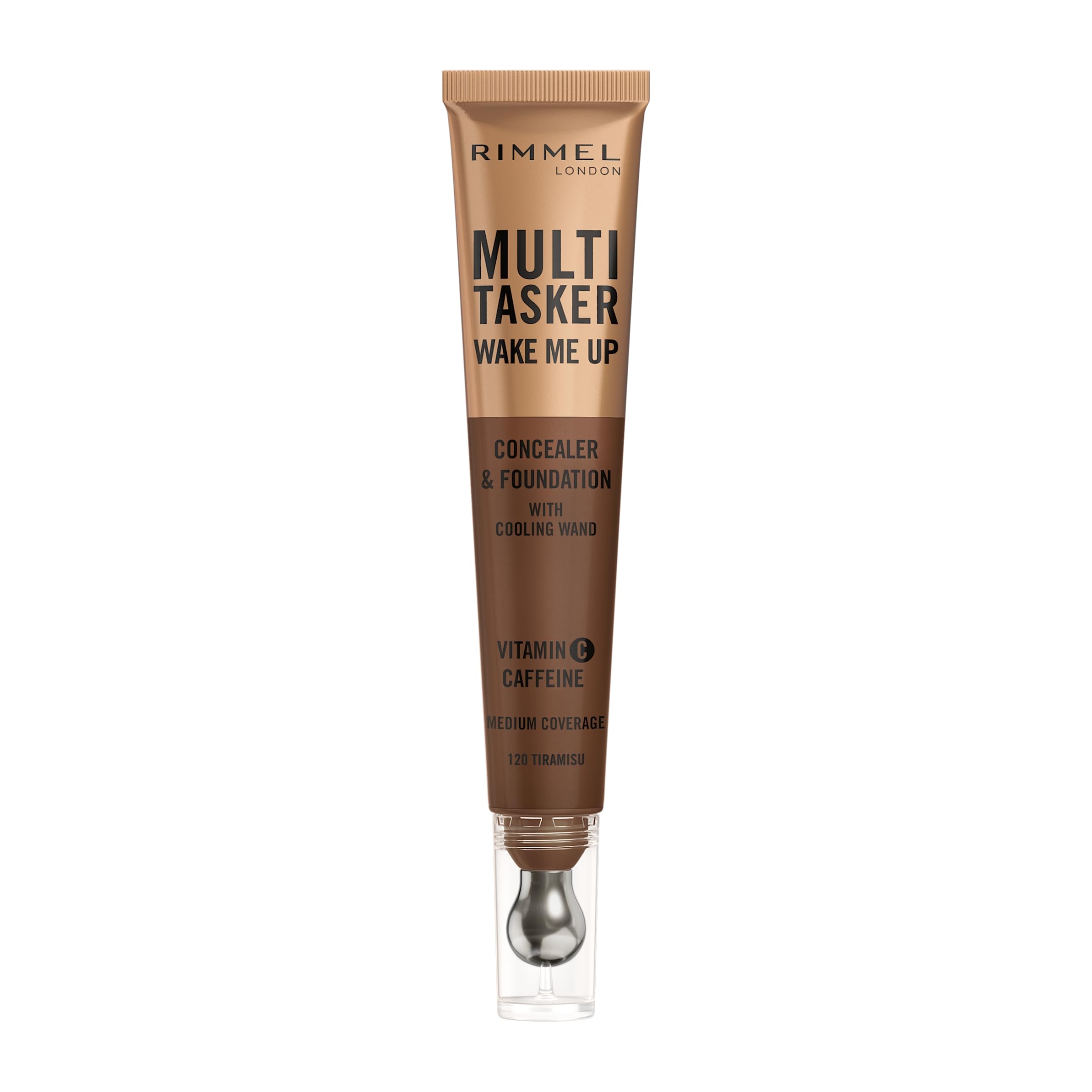 Rimmel Multi-Tasker Wake Me Up Foundation & Concealer 120 Tiramisu, Depuffs & Brightens Dark Circles, Metallic Cooling Applicator, Caffeine & Victamin C, 2% Niacinamide, Vegan, Cruelty free