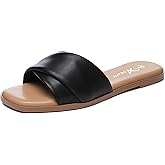 Athlefit Women's Summer Flat Sandals Slip On Square Toe Soft Leather Slide Sandals