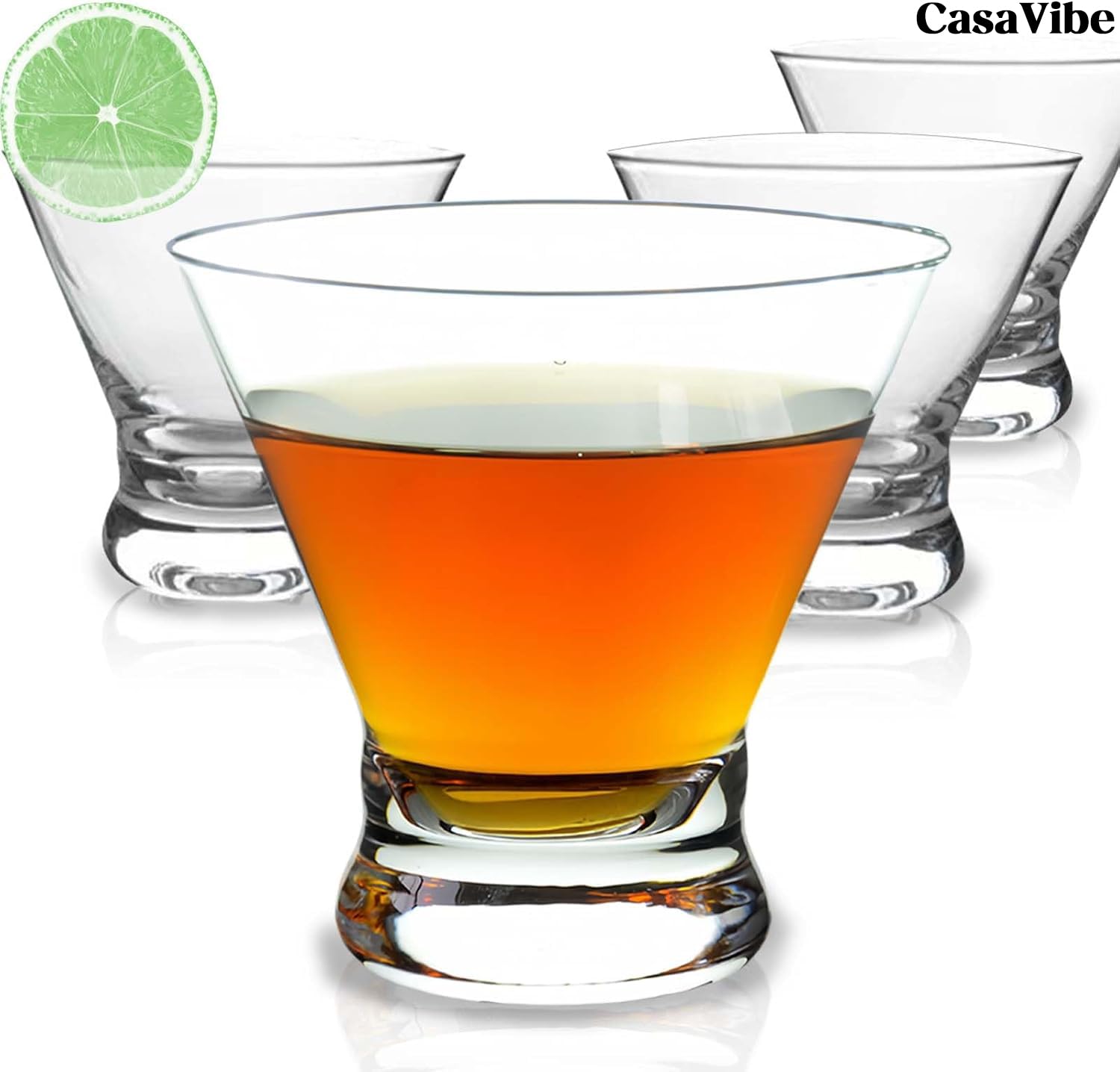 Photo 1 of Stemless Martini Glasses, Bar Party Birthday Housewarming Gifts Crystal Clear 8 OZ Set of 4 With Stylish Base Elegant Cocktail Glasses for Martini, Cocktail, Manhattan, Margarita, Cosmopolitan
