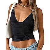 YFANG Women's Sexy Deep V-Neck Ruched Crop Tank Top Slim Fit Spaghetti Straps Crop Top