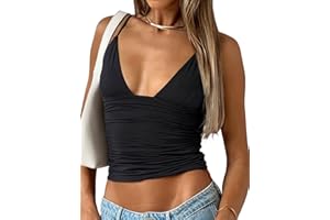 YFANG Women's Sexy Deep V-Neck Ruched Crop Tank Top Slim Fit Spaghetti Straps Crop Top