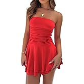 YBSKG Women Sexy Tube Top Silk Dress Strapless Ruched Waist Ruffle Tiered Layer Mini Dress Party Short Dresses