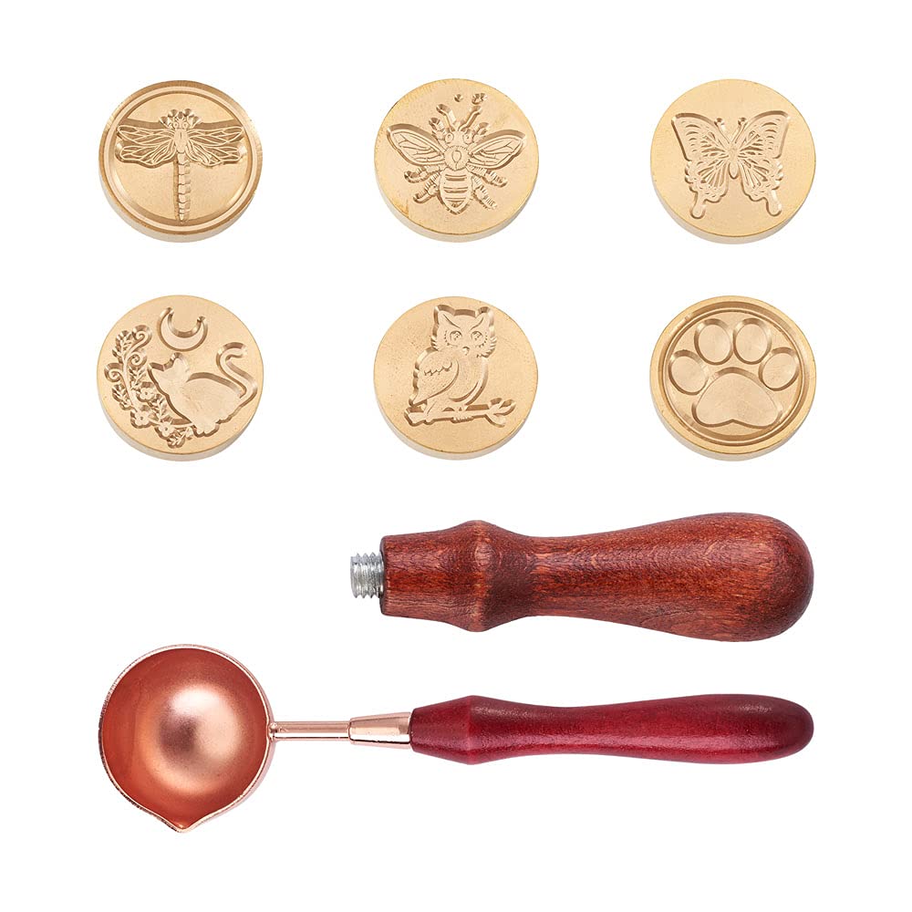 PandaHall Wax Seal Stamp Set with 6pcs 25mm Insect & Animal Removable Sealing Brass Stamp Head & 1pcs Wooden Handle & 1pcs Wax Melting Spoon for Gift Envelopes Invitations Wedding Cards Decoration