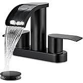gotonovo 4 Inch Centerset Waterfall Bathroom Sink Faucet Deck Mount 2 Handle Basin Faucets 2 or 3 Hole with Pop Up Drain Included Lavatory Modern Mixer Tap Vanity Faucet Matte Black
